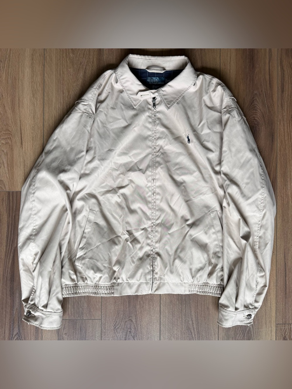 Vintage Polo Ralph Lauren Mens XXL Beige Tan Harrington Jacket Plaid Collar